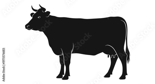 Black cow silhouette vector, farm animal cattle standing profile, dairy cow icon for butchery and organic milk branding, isolated livestock illustration