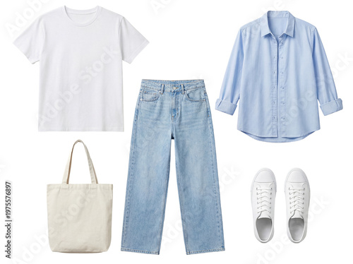 A carefully arranged flat lay photograph featuring a versatile minimalist casual summer outfit with a transparent.