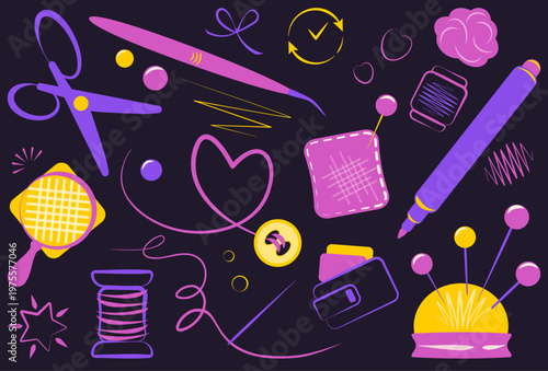 Vector collection of sewing and craft tools in flat style on dark background. Sewing equipment icons set with scissors, pincushion, thread spools, buttons, pins and needles for dressmaking, tailoring 