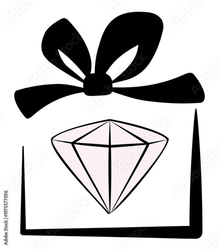 Minimalist vector illustration of diamond inside gift box silhouette with large black bow. Abstract creative concept for jewelry store, luxury surprise, engagement gift, or premium boutique branding o
