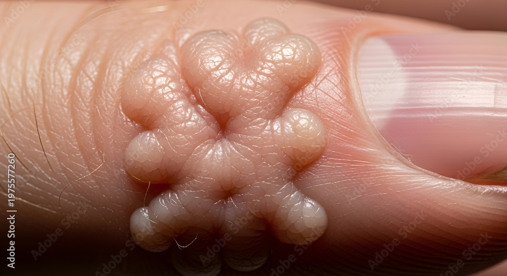 Fototapeta premium Macro view of a common viral wart on finger skin