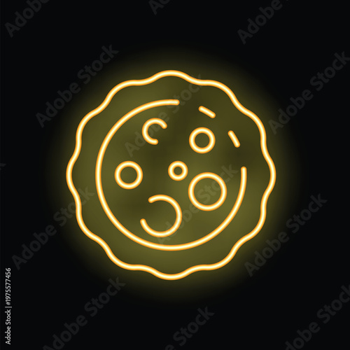 Bright yellow neon sign is glowing on a black wall, showing a pizza with salami