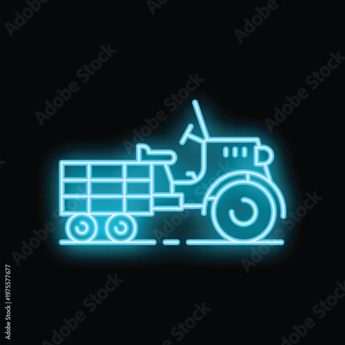 Neon style icon of vintage farm tractor pulling empty wagon on black background