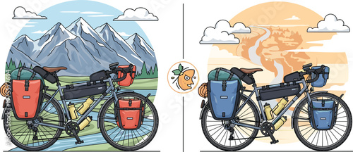 Cycling Adventure and Touring Bike Vector Set, Mountain and Desert Landscapes, Bicycle with Panniers, Outdoor Exploration and Adventure Icons