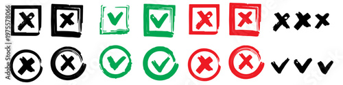 Grunge check mark and cross symbols vector illustration. brush strokes cross. yes or no checkmark icons in green tick box and red cross. Editable stroke.