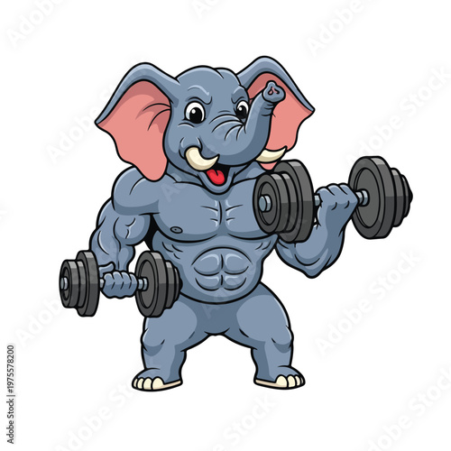 Muscular blue elephant lifting dumbbells in gym