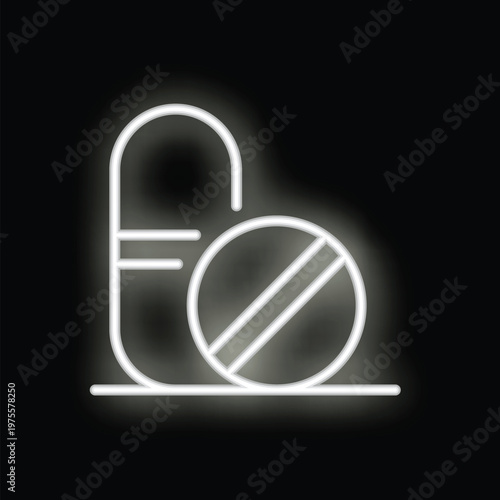 Neon glowing outline of a pill and a capsule is standing on a thin line on a dark background