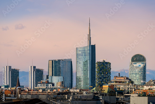 Milan CityLife area with the three tower skyscrapers at sunset