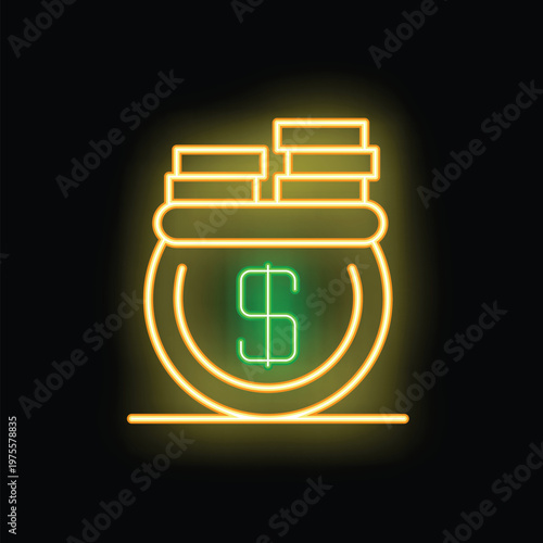Glowing neon sign depicting a money bag overflowing with coins, symbolizing wealth and prosperity