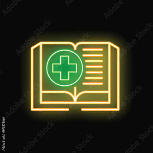 Bright neon sign of medical book glowing on a wall