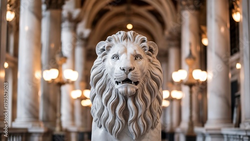 A majestic stone lion statue stands proudly in a grand, ornate building with marble columns and chandeliers.