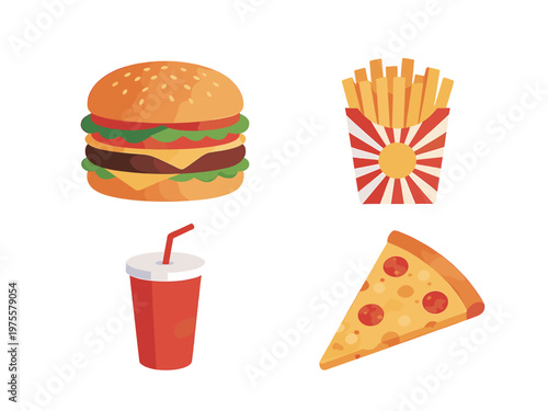 Fast Food Favorites Illustration Set Including Burger, French Fries, Soda Cup and Pizza Slice, Delicious Junk Food Vector Icons for Menu Design, Restaurant Marketing and Takeaway Services on White