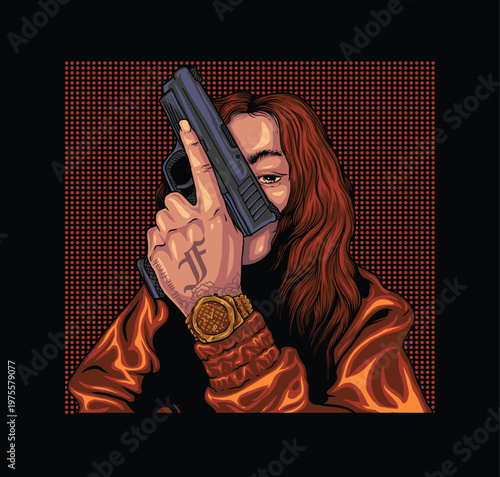 A dangerous blond fashion model and a dark-haired gangster agent pose with pistols at a black violence crime scene where beauty meets the lethal weapons of war