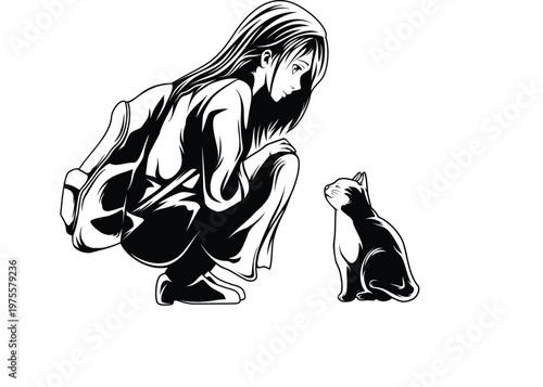 Elegant vector illustration of a fashion lady with long hair and a black line art tattoo style face silhouette