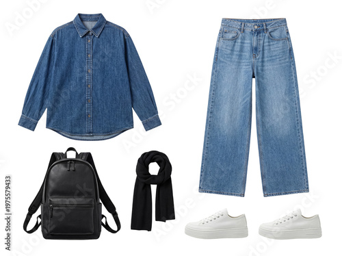 Casual denim outfit with accessories, including a blue shirt, wide jeans, white sneakers, and black items.