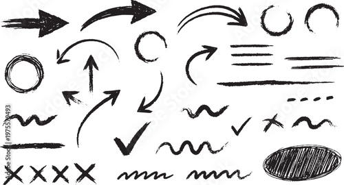 Collection of hand drawn black charcoal arrows and sketchy design elements on white background with charcoal collection checkmark squiggle scribble artistic direction illustration abstract