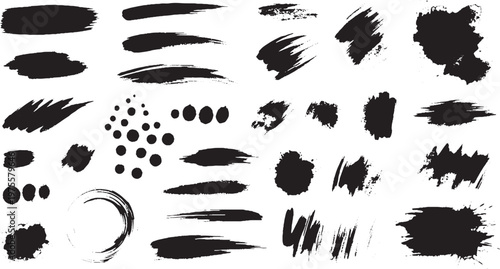 Foto Set of grunge brush strokes and ink splatter design elements with splatter abstr