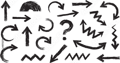 Set of various hand drawn arrow doodles and question mark sketch with handdrawn question direction scribble collection creative straight indicator navigation emphasis highlight abstract
