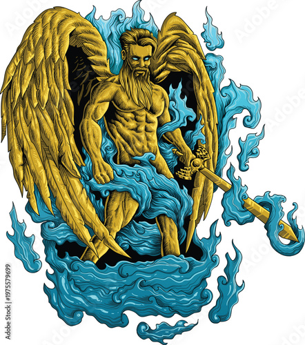 An ancient golden sculpture of the coat of arms of Ukraine and Saint Petersburg features a Thai dragon and lion symbol at an oriental Buddhist temple under a blue sky