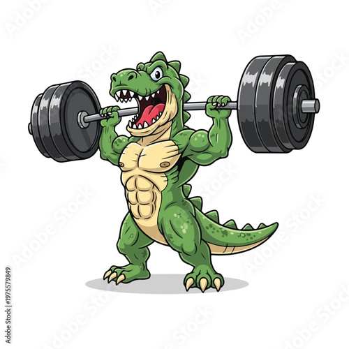 Cartoon Alligator lifting heavy barbell for strength training