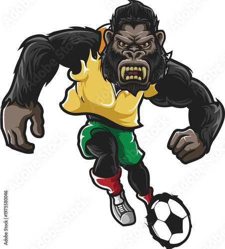 A cartoon vector illustration of a superhero soccer boy character running and kicking a football in a comic drawing style as a powerful young athlete in a sports game