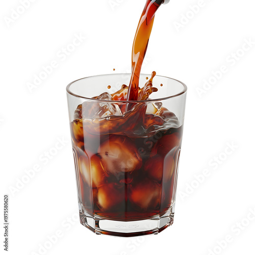 Iced coffee pouring into glass cup.