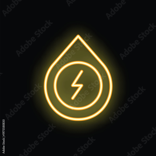 Glowing neon sign depicting a water drop containing a lightning bolt, symbolizing hydroelectricity and sustainable energy