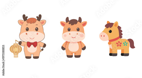 Cute Kawaii Animal Characters Set Featuring Baby Ox, Cow and Small Toy Horse for Children Education and Greeting Card Graphic Design Projects