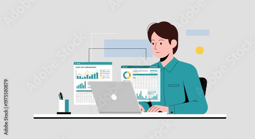 Focused young man working on laptop analyzing business data in bright studio