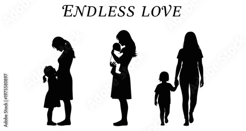 Mothers with children silhouettes showing love and connection in graphic style