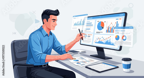 Professional man analyzing complex data dashboards on desktop computer with pen in modern office.