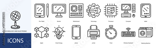 technology and electronic  Icon Set Collection Pack Vector Illustration Concept. Containing Monitor, Motherboard, Technology, Processor, Computer icon