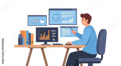 Professional man monitoring productivity dashboard on desktop computer in a bright studio with isolated white background.