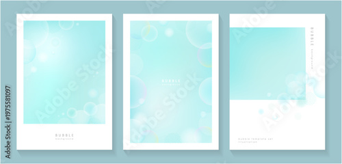 淡いミントブルーと透ける泡を使った縦長フレームデザインの夏向けテンプレートセット