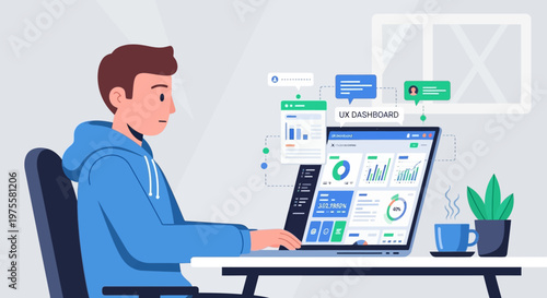 Casual man working on UX dashboard on laptop and drinking coffee on isolated white background.