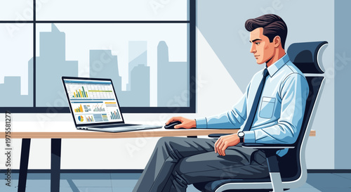 Focused businessman working on laptop at modern office desk with city skyline view.