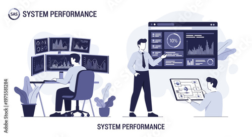 Professional team analyzing system performance and data analytics on multiple monitors in a modern office environment.