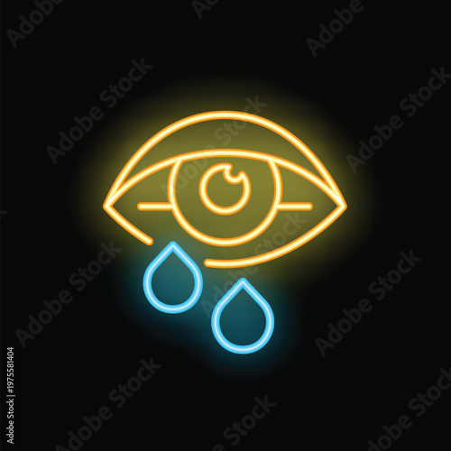 Neon sign representing an eye crying two blue tears, symbolizing sadness, pain or mourning