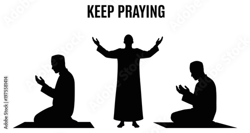 Muslim men praying in silhouette during religious observance on white background