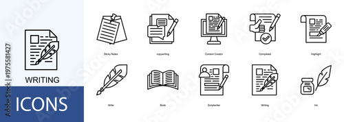 writing  Icon Set Collection Pack Vector Illustration Concept. Containing copywriting, Content Creator, Completed, Highlight, Write icon