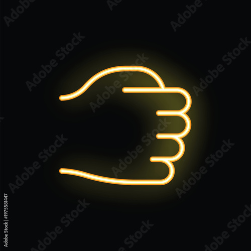 Neon style icon of a hand holding a small invisible object, illuminated against a black background