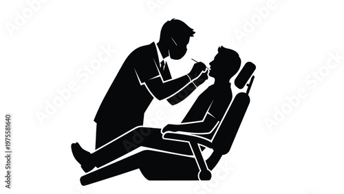Black silhouette of a dentist examining a patient sitting in a dental chair examination