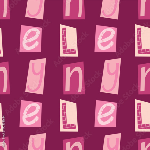 Pink Alphabet Collage Seamless Pattern on Dark Magenta