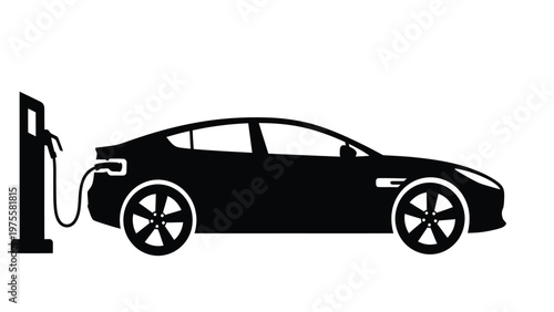 Black silhouette of an electric vehicle connected to a charging station on a white background