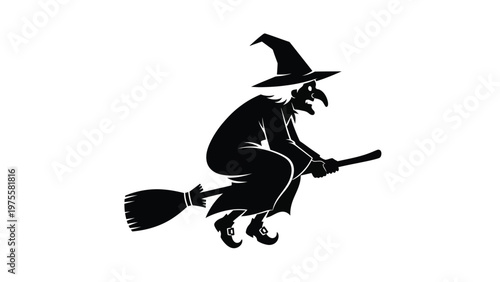 Black silhouette of a witch flying on a wooden broomstick isolated on a white background
