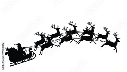 Black silhouette of santa claus flying in a sleigh pulled by reindeer on white background