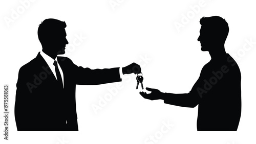 Businessman handing over car keys to another person silhouette on isolated white background