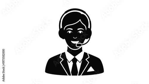 Customer service representative wearing headset and formal suit smiling at the camera portrait