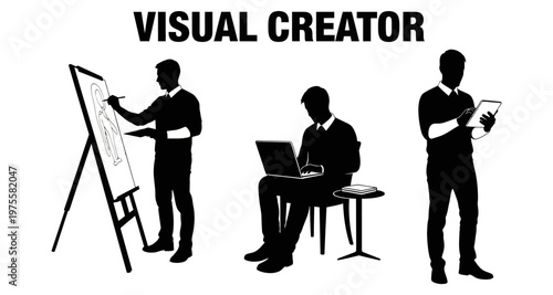 Silhouette artist creating with easel laptop and tablet in studio