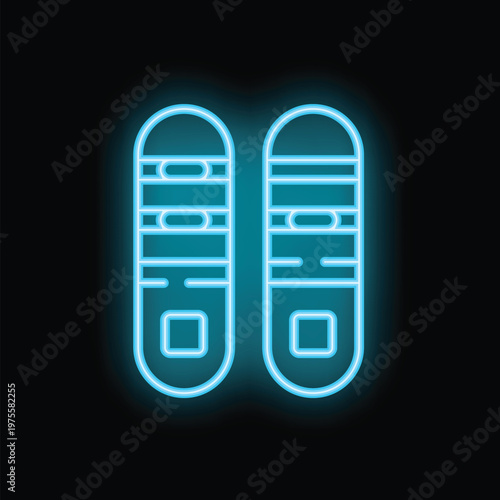 Glowing neon line snowboard icon isolated on black background. Vector illustration